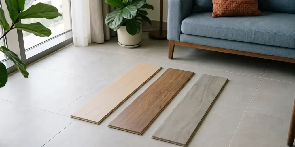 Flooring Buying Guide for Dubai Homes: 7 Steps from Budget to Installation This flooring buying guide Dubai homeowners can actually use takes you through seven steps, from budget per square metre to installation day: what to measure, which specifications matter, what belongs in a written quote, and what changes if you rent. How Do I Choose and Buy Flooring for My Home in Dubai, Step by Step? Buying flooring in Dubai follows seven steps: set a budget per square metre, measure and add wastage, match the flooring type to each room, read the specifications, order samples, get a site measurement and an itemised quote, then plan the installation day. From first sample to finished floor, most homes take one to three weeks. Every step below removes a surprise before money changes hands, and at Floorna we publish our rates so you start with real numbers. The 7 Steps in This Flooring Buying Guide Dubai Buyers Should Follow Step 1: Set a Realistic Budget per Square Metre Any flooring buying guide Dubai buyers trust starts here. Flooring cost per sqm Dubai budgets must cover four parts: material, installation, skirting and profiles, and removal of the old floor. Our published rates: Egger laminate: 55 to 110 AED per m² supplied, 115 to 226 AED installed with skirting Bergo rigid LVT: 140 AED per m² supplied, 180 AED installed with skirting Gerflor Virtuo 30 Rigid: 160 AED per m² supplied, 195 AED installed with skirting For a fuller breakdown, see our guide to vinyl flooring prices in the UAE. Step 2: Measure Your Rooms and Add Wastage Every flooring buying guide Dubai homeowners follow starts with accurate measurement. Measure each room separately, multiply length by width, then add wastage. Allow 5% for straight plank layouts and 10% to 15% for herringbone, because diagonal cuts waste more material. Our guide on how to measure a room for flooring covers irregular rooms and doorways. Step 3: Match the Flooring Type to Each Room One floor rarely suits a whole home, so this stage splits by room: Kitchens, entrances and wet-adjacent areas: rigid LVT, for its stable waterproof core Bedrooms and majlis: laminate, for warmth underfoot and value per m² Balconies and terraces: WPC decking, built for sun and rain Our Bergo rigid LVT range covers straight planks, herringbone and concrete finishes if you want one material throughout. Step 4: Read the Specs That Actually Matter Four numbers decide how a floor ages, and they matter more than colour in any flooring buying guide Dubai homeowners rely on: Classification. Egger boards are marked with thickness and usage class, such as 8/32 or 8/33A+. A higher class means a tougher surface. Water resistance. Egger NatureSense Aqua+ boards are rated water-resistant for 72 hours with a swell-protection core. Wear layer. On vinyl, this is the clear top film taking the abrasion. Ask for it in millimetres. Thickness and locking. Thicker boards feel solid and bridge minor subfloor dips. A click system installs without adhesive. An AC rating refers to the same abrasion scale used for laminate. Step 5: Order Samples and View Them in Your Own Light Never choose from a screen. This is the step most buyers skip, and the one every flooring buying guide Dubai residents read insists on. Order free flooring samples Dubai delivery and view them in the actual room, morning and evening, beside your furniture. A tone that looks warm in a showroom reads grey under LED downlights. Step 6: Get a Site Measurement and an Itemised Quote The flooring quote Dubai suppliers issue is where the whole process is won. It should list seven items: Net area in square metres Wastage percentage Underlay, if required Skirting and transition profiles Labour and removal of the old floor Installation timeline Product warranty Anything missing becomes a variation later. Step 7: Plan the Installation Day Clear the rooms, arrange building access and confirm the subfloor is level. Boards acclimatise for around 48 hours before fitting. A typical flooring installation timeline runs at 30 to 50 m² per day for click systems, so most apartments finish in one to two days. That completes the flooring buying guide Dubai homeowners need before installation day. Tenant or Owner? What Changes in the Process? This is where a flooring buying guide Dubai tenants use differs from one written for owners. If you rent, the practical route is a floating click floor laid over the existing tiles, since nothing is glued and it lifts out when you leave. Written landlord approval is still standard. Owners have more freedom, including subfloor levelling, but the rest of the process is identical. See installing vinyl flooring over tiles for the conditions that make it work. 5 Buying Mistakes Dubai Homeowners Make These five errors cause most of the regret we see: Choosing on price alone, then replacing the floor in three years Ignoring the subfloor, which shows as movement and hollow sound Forgetting skirting and profiles, quoted separately Judging from one small sample under showroom lighting Accepting a verbal quote with no written warranty Turning This Flooring Buying Guide Dubai Checklist Into a Finished Floor Follow the flooring buying guide Dubai homeowners rely on, budget to installation, and the process becomes predictable instead of stressful. Order free samples, preview them in your own room with our visualiser, then book a site measurement so your quote reflects real dimensions. Frequently Asked Questions 1. How much should I budget for flooring in Dubai? Any flooring buying guide Dubai shoppers use should quote the installed rate, not material alone. Budget from 115 AED per m² for laminate installed with skirting, rising to 226 AED for premium ranges, and 180 to 195 AED for rigid LVT. 2. Can I install new flooring over my existing tiles? Yes, and it is the shortcut this flooring buying guide Dubai readers ask about most. Rigid LVT and laminate lay as a floating floor over tiles that are level, sound and shallow-grouted. Deep joints need levelling first. 3. How long does flooring installation take in Dubai? Click system installation runs at 30 to 50 m² per day, so a two-bedroom apartment finishes in one to two days. Add time for subfloor levelling, acclimatisation of about 48 hours, and removing the old floor. 4. Do I need landlord approval to change flooring in a rented apartment? Usually yes for any permanent change, and written approval is standard before work begins. A floating click floor over the existing tiles is the practical route for tenants: it is reversible and leaves the original surface intact. 5. What should a flooring quote include? A complete quote lists net area, wastage percentage, underlay if needed, skirting and transition profiles, labour, old-floor removal, installation timeline and warranty. It is the checkpoint every flooring buying guide Dubai buyers trust insists on. 6. Is it better to buy flooring online or from a showroom in Dubai? Use both. Browse ranges and order free samples online, view them in your own light, then confirm with a site measurement. Published per m² rates let you compare before anyone visits. flooring buinyg guide dubai